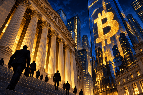 Pénzügyi negyed felhőkarcolói és arany bitcoinjel sötétkék esti fényben.